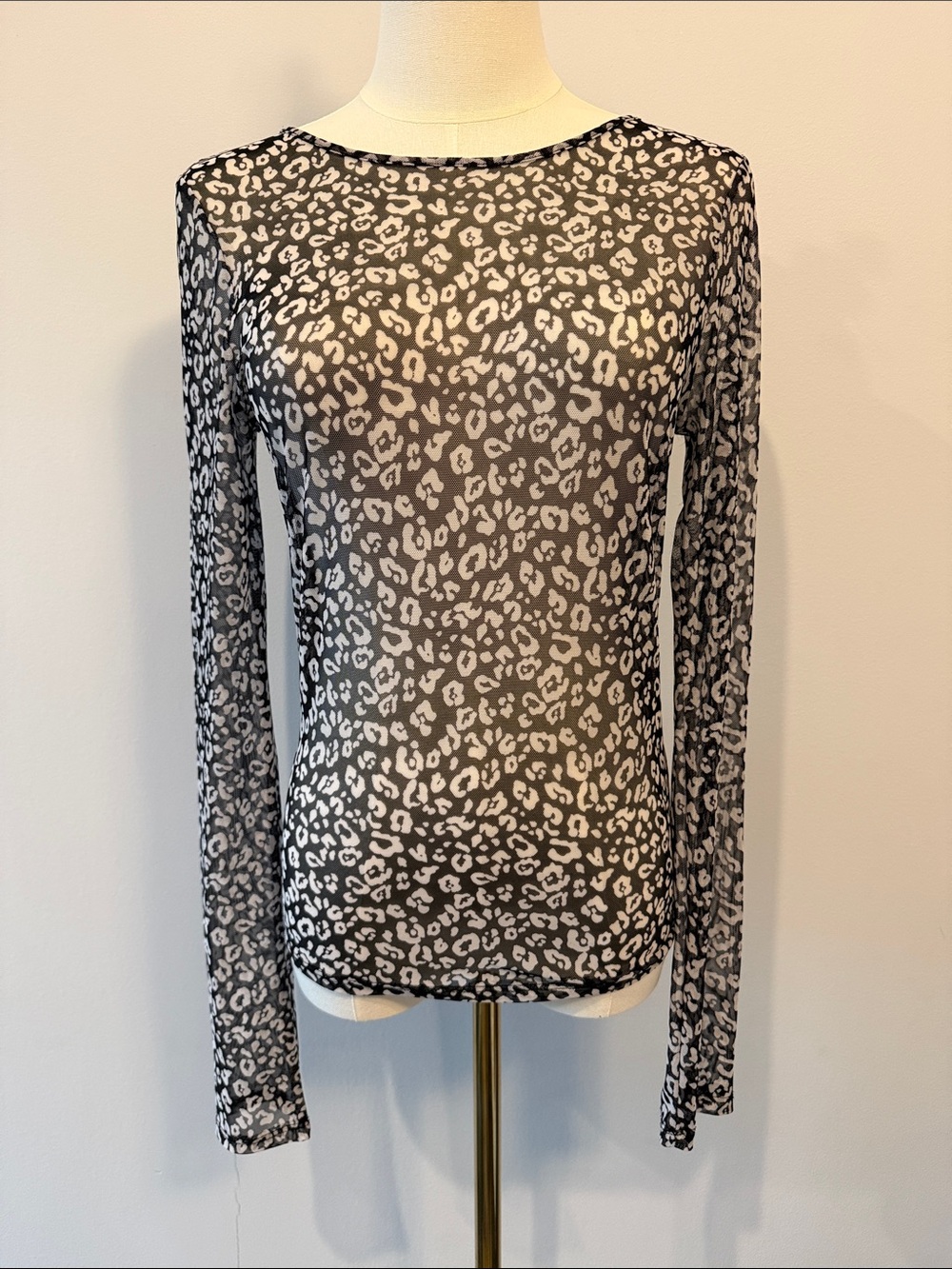 Sheer Long-Sleeve Leopard Print Top - Black and White